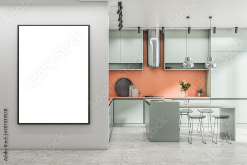 Fototapeta Naklejka Na Ścianę i Meble -  Modern concrete kitchen interior with empty white mock up banner, daylight, furniture and island. Design concept. 3D Rendering.