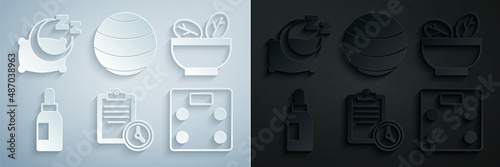 Set Sport training program, Salad bowl, Essential oil bottle, Bathroom scales, Fitness ball and Time to sleep icon. Vector