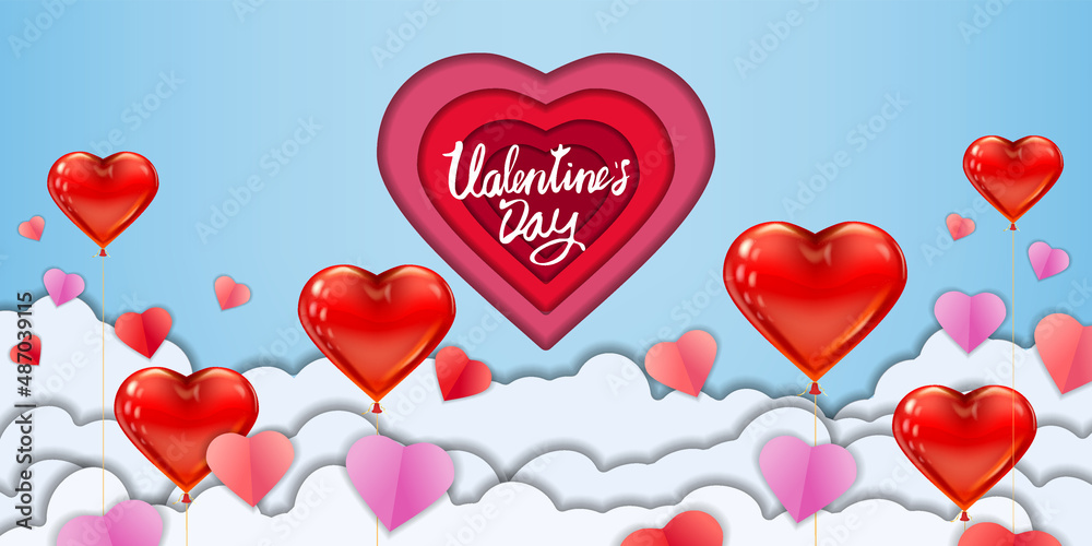 Valentine day papercut craft design horizontal banner, red pink balloon hearts and clouds. Template background for greeting card, sale, invitation, vector