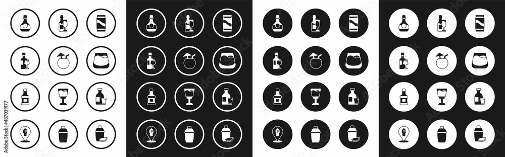 Set Beer can, Coconut cocktail, Wine bottle with glass, Bottle of cognac or brandy, Glass whiskey, Champagne, vodka and Whiskey icon. Vector Set Beer can, Coconut cocktail, Wine bottle with glass, Bottle of cognac or brandy, Glass whiskey, Champagne, vodka and Whiskey icon. Vector