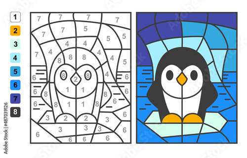 Color by numbers penguin on an iceberg. Puzzle game for children education, colors for drawing and learning mathematics