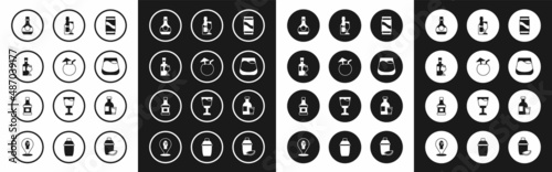 Set Beer can, Coconut cocktail, Wine bottle with glass, Bottle of cognac or brandy, Glass whiskey, Champagne, vodka and Whiskey icon. Vector