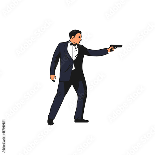 Standing hitman holding and aiming a hand gun. Special agent or spy cartoon. Undercover cop in a suit. Detective vector illustration.