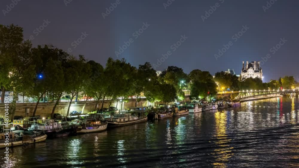 Night Traffic at Paris Famous Monuments Seine River Boats Docks and Bridge Night Traffic at Paris Famous Monuments Seine River Boats Docks and Bridge
