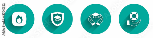 Set Fire flame, Graduation cap with shield, Education grant and Lifebuoy in hand icon with long shadow. Vector