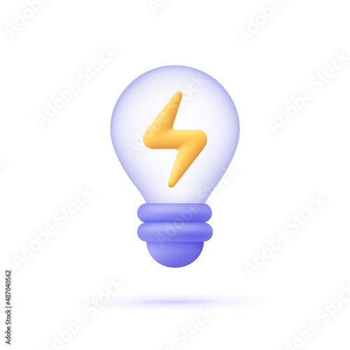 Light bulb with lightning symbol. Electricity and energy. 3d vector icon. Cartoon minimal style.