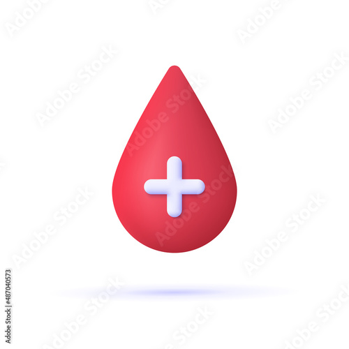 Blood drop with medical cross symbol. Donation, healthcare, hematology, medicine concept. 3d vector icon. Cartoon minimal style.