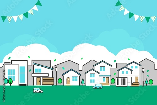 シンプルでかわいい新緑と街並みのベクターイラスト素材／ビル／家