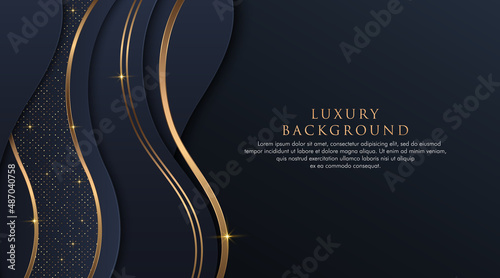 Abstract luxury dark blue wave background with glitter golden lines and dots. Modern simple overlap wave layers elements with shadow decoration. Luxury and elegant style template design