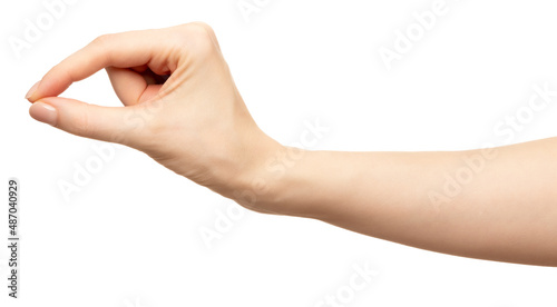 Tableau sur toile Hand hold card or little paper isolated on white, Female hand fingers pinch or h