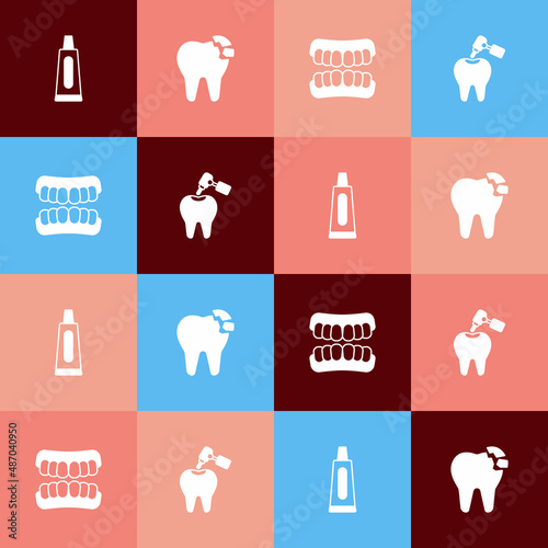 Set pop art Tube of toothpaste, Broken, Dentures model and Tooth with caries and drill icon. Vector