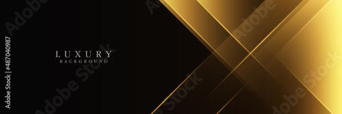 Luxury gold gradient geometric shapes vector on black background with light line effect. Modern simple overlap triangle shapes creative design. Luxury and elegant horizontal template elements