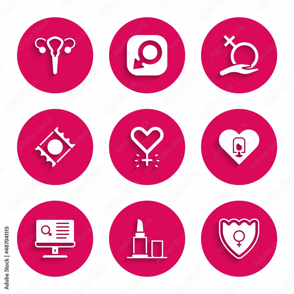 Set Feminism, Lipstick, Gender shield, Female, Heart with female, Dating app, Condom package, gender and reproductive system icon. Vector