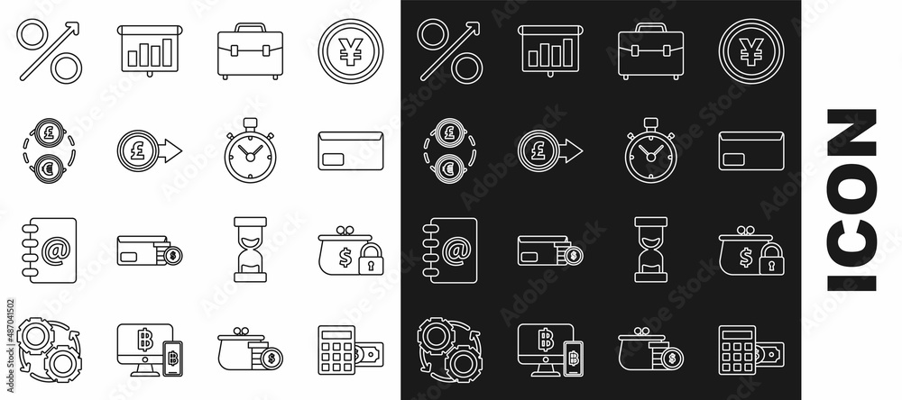 Set line Calculator with dollar symbol, Closed wallet lock, Envelope, Briefcase, Coin money pound sterling, Money exchange, Percent up arrow and Stopwatch icon. Vector Set line Calculator with dollar symbol, Closed wallet lock, Envelope, Briefcase, Coin money pound sterling, Money exchange, Percent up arrow and Stopwatch icon. Vector
