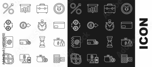 Set line Calculator with dollar symbol, Closed wallet lock, Envelope, Briefcase, Coin money pound sterling, Money exchange, Percent up arrow and Stopwatch icon. Vector