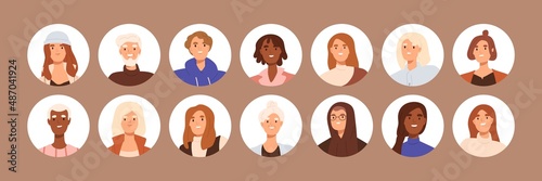 Circle avatars of different people. Head portraits set. Diverse men and women faces. Round user profiles of various race, age. Young and old characters collection. Isolated flat vector illustrations