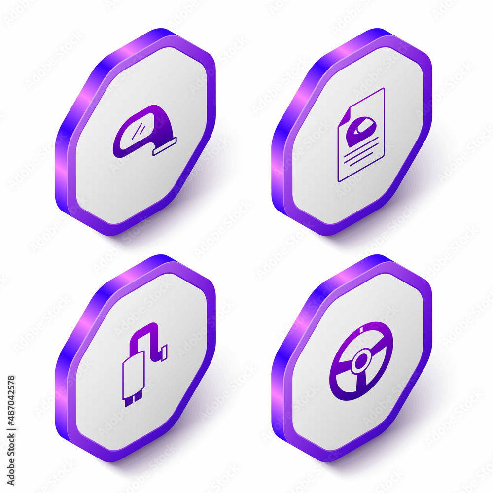 Set Isometric Car mirror, Racing helmet, muffler and steering wheel icon. Purple hexagon button. Vector Set Isometric Car mirror, Racing helmet, muffler and steering wheel icon. Purple hexagon button. Vector