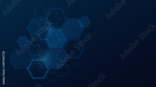 Abstract dark blue geometric hexagon shapes background. Modern simple geometric pattern template design. Medical, technology science concept. Suit for poster, flyer, banner, brochure