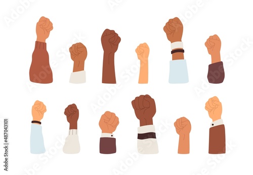 Raised clenched fists set. Diverse hands power, fighting for human rights. People arms up. Courage, rebellion, demonstration and strike concept. Flat vector illustrations isolated on white background