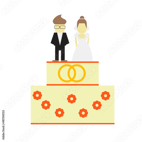 Wedding cake with decoration and bride and groom figurines isolated on a white background. Wedding pie. Vector illustration