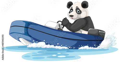 Panda on a speed boat in cartoon style