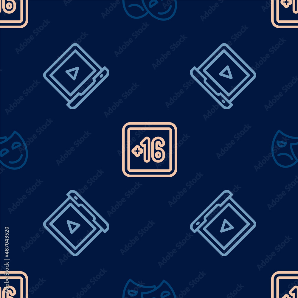 Set line Comedy and tragedy masks, Online play video and Plus 16 movie on seamless pattern. Vector Set line Comedy and tragedy masks, Online play video and Plus 16 movie on seamless pattern. Vector