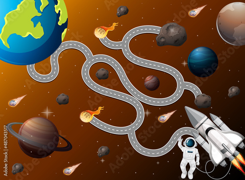 Maze game template in space theme for toddlers