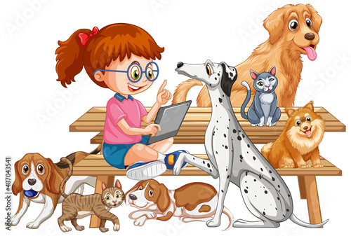 A girl with her cute dogs in cartoon style