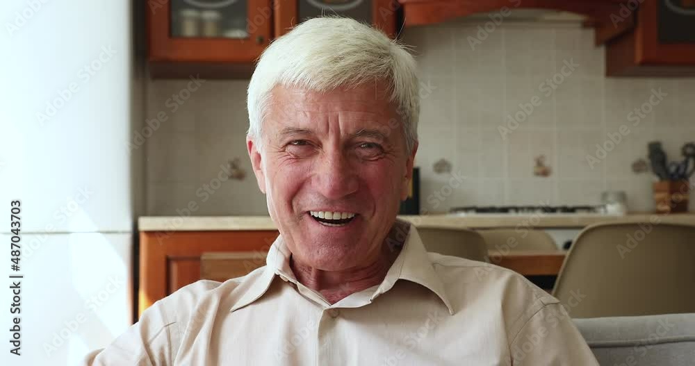 Head shot portrait happy mature grey-haired man smile look at camera talking using video conference app sit on sofa at home. Older gen and modern tech usage, comfort, easy remote communication concept Head shot portrait happy mature grey-haired man smile look at camera talking using video conference app sit on sofa at home. Older gen and modern tech usage, comfort, easy remote communication concept