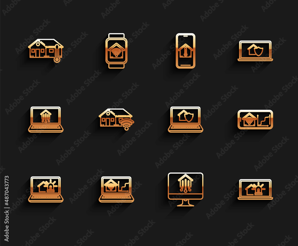 Set line Laptop with smart house and alarm, home wi-fi, House temperature, Computer monitor, Smart, Mobile phone and under protection icon. Vector Set line Laptop with smart house and alarm, home wi-fi, House temperature, Computer monitor, Smart, Mobile phone and under protection icon. Vector