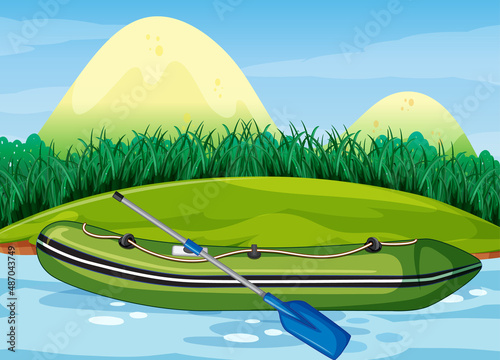 Inflatable boat with paddle in nature scenery