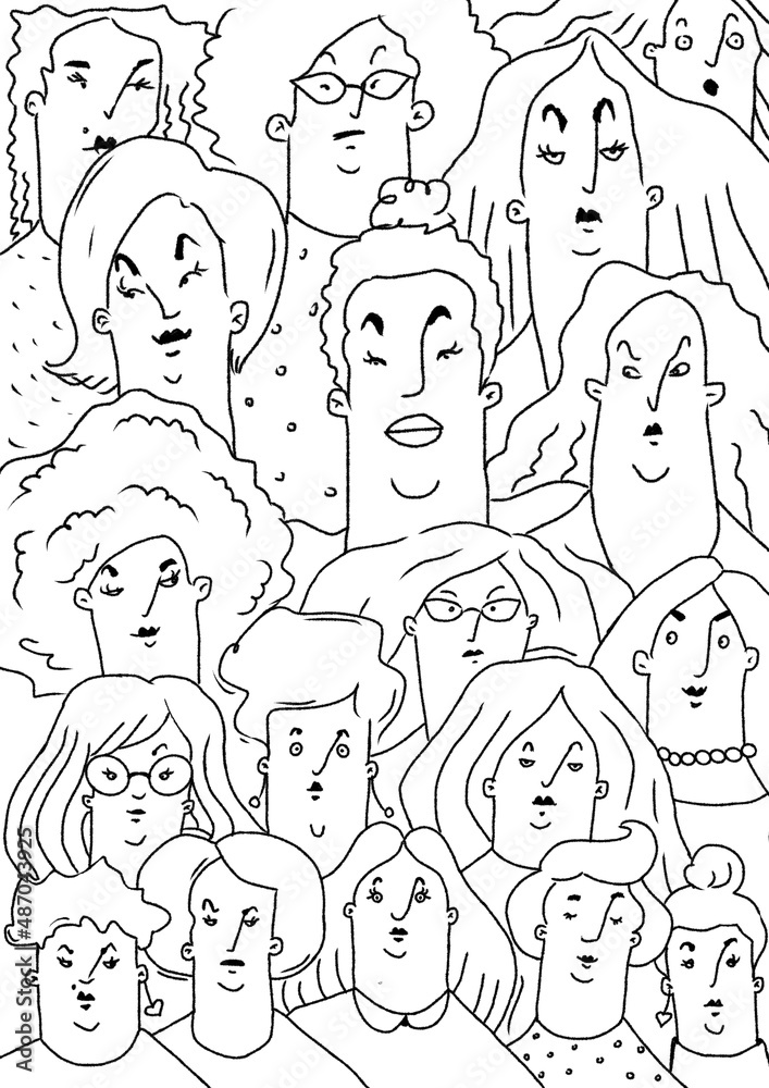 hand drawn pattern with women faces. black line portraits on white background