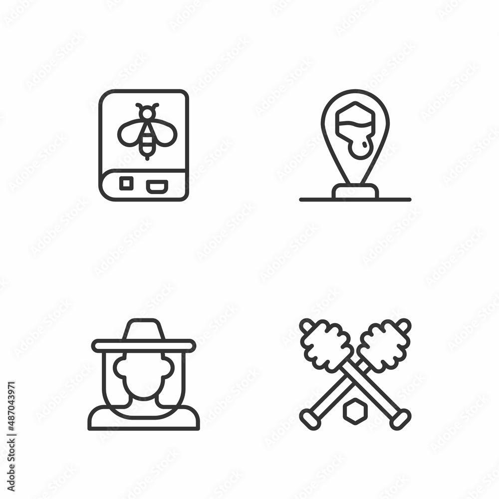 Set line Honey dipper stick, Beekeeper with protect hat, Book about bee and Honeycomb location icon. Vector Set line Honey dipper stick, Beekeeper with protect hat, Book about bee and Honeycomb location icon. Vector