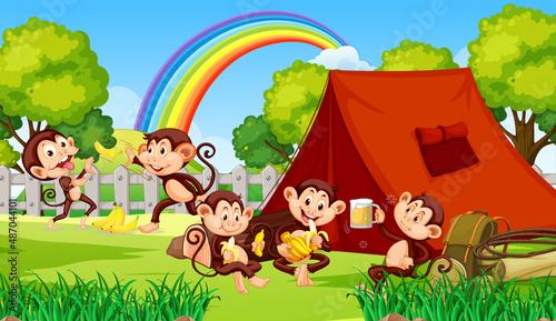 Camping scene with little monkeys doing different activities