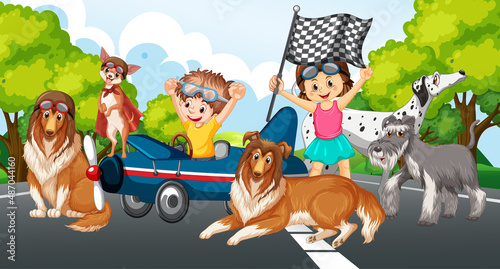 Children playing with their dogs