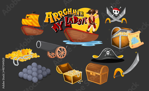 Set of pirate cartoon characters and objects