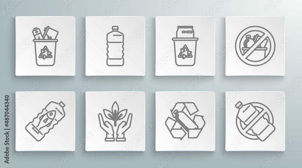 Set line Stop ocean plastic pollution, Plastic bottle, Plant in hand of environmental protection, Recycling, No, Recycle bin with recycle symbol can, trash and icon. Vector