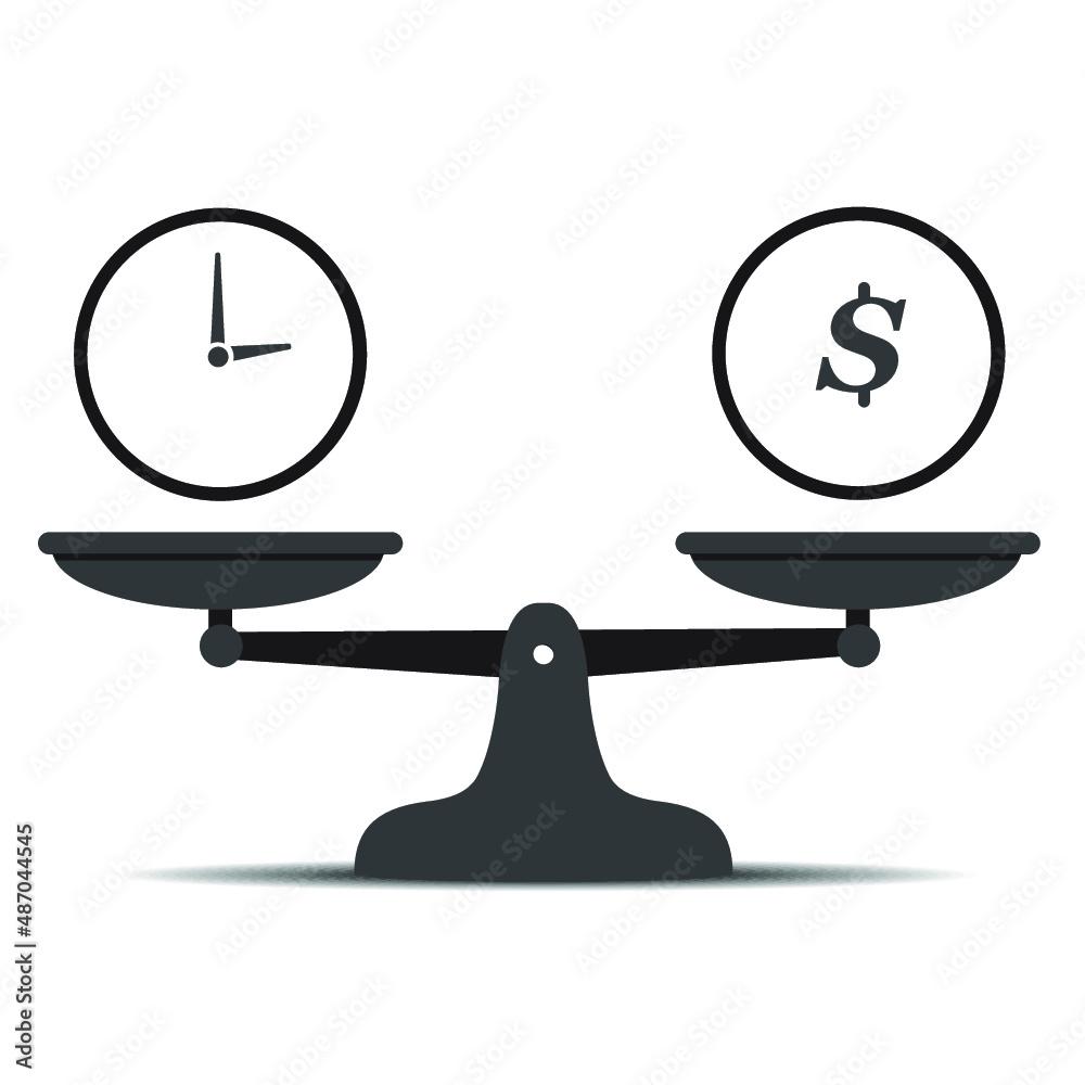 Time and money on scales icon isolated on a white background