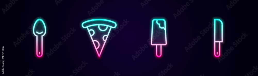 Set line Spoon, Slice of pizza, Ice cream and Knife. Glowing neon icon. Vector Set line Spoon, Slice of pizza, Ice cream and Knife. Glowing neon icon. Vector
