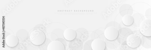 Abstract white and grey paper geometric circles shape vector with drop shadows on white background. Modern simple circles texture. Minimal style horizontal template element with grey circle line