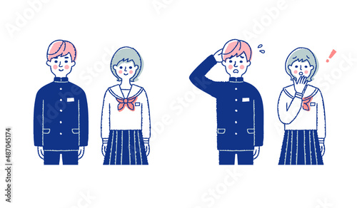 学生服を着た男女　困った表情と笑顔の表情