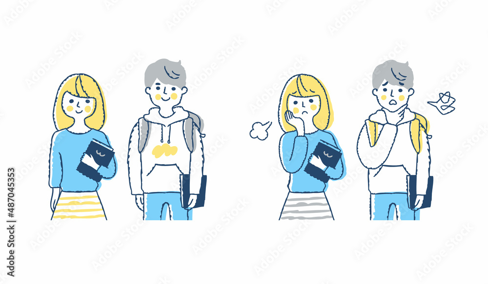 若い男女 困った表情と笑顔の表情 若い男女 困った表情と笑顔の表情