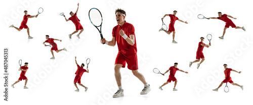 Portraits of young man, professional tennis player in red uniform training isolated on white background. Collage © Lustre