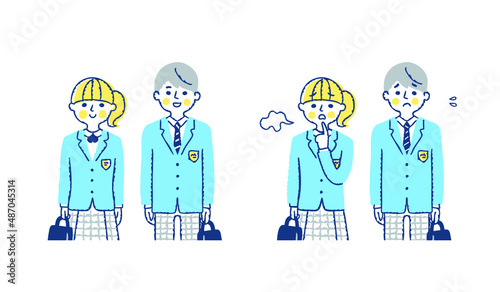 学生服を着た男女　困った表情と笑顔の表情