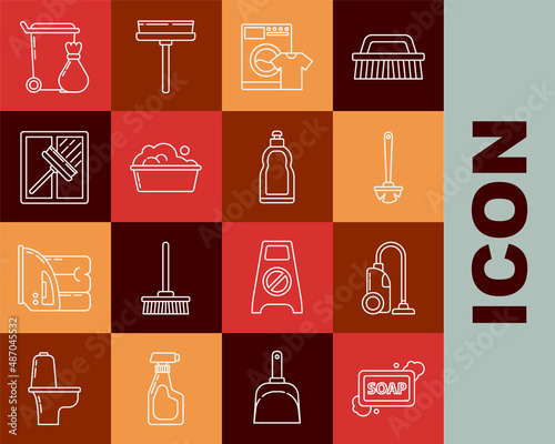 Set line Bar of soap with foam, Vacuum cleaner, Toilet brush, Washer and t-shirt, Plastic basin suds, Squeegee, scraper, wiper, Trash can and bottles for liquid dishwashing liquid icon. Vector