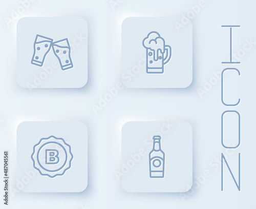 Set line Glass of beer, Bottle cap and Beer bottle. White square button. Vector