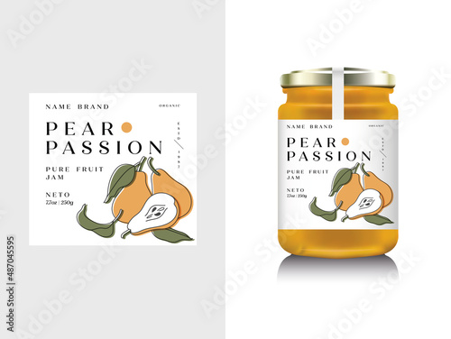 Vector illustration realistic glass bottle packaging for fruit jam. Pear jam with design label, typography, line pear icon.