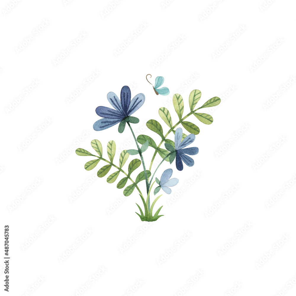 Watercolor composition with flowers i butterfly. Subtle, elegant bouquet. Watercolor composition with flowers i butterfly. Subtle, elegant bouquet.