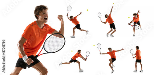 Portraits of young man, professional tennis player in orange uniform training isolated on white studio background. Collage © Lustre
