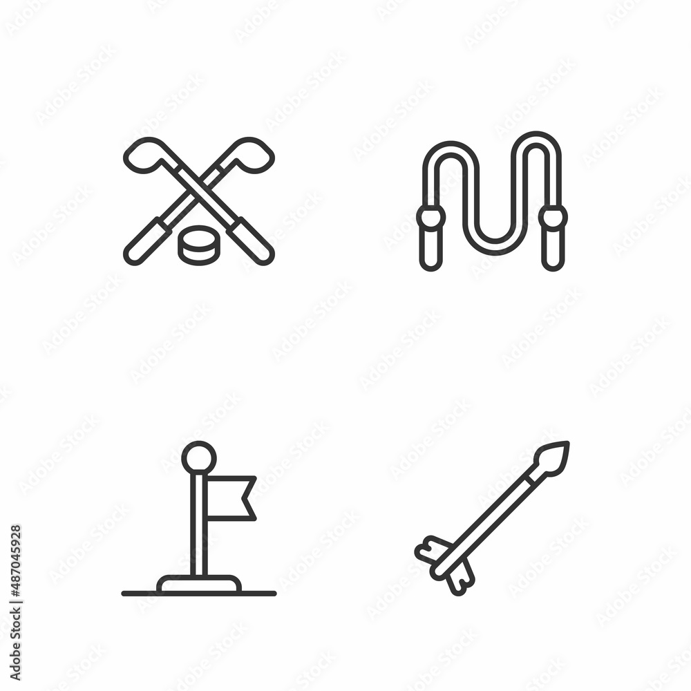Set line Medieval arrows, Flag, Ice hockey sticks and puck and Jump rope icon. Vector Set line Medieval arrows, Flag, Ice hockey sticks and puck and Jump rope icon. Vector